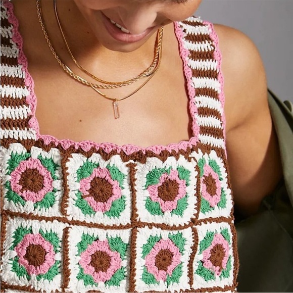 Maeve Anthropologie Pink Brown Granny Square Crochet Vest Crop Top - Picture 10 of 10